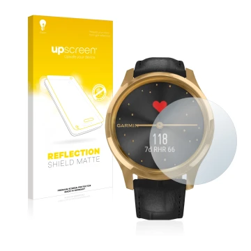 Parte frontale di una confezione del prodotto con il logo del marchio upscreen. Accanto è raffigurato il dispositivo Garmin vi