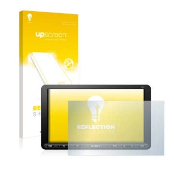 Parte frontale di una confezione del prodotto con il logo del marchio upscreen. Accanto è raffigurato il dispositivo Sony XAV-