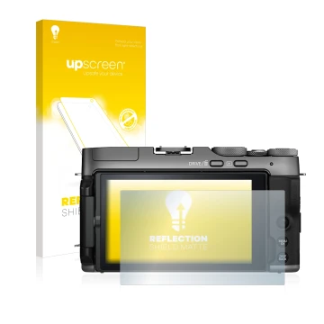 Parte frontale di una confezione del prodotto con il logo del marchio upscreen. Accanto è raffigurato il dispositivo Fujifilm 