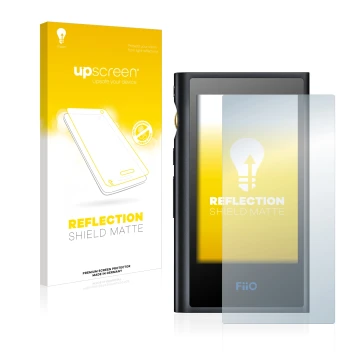 Parte frontale di una confezione del prodotto con il logo del marchio upscreen. Accanto è raffigurato il dispositivo FiiO M9 c