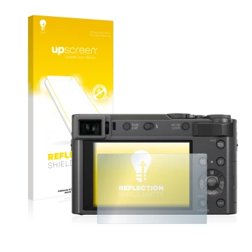 Parte frontale di una confezione del prodotto con il logo del marchio upscreen. Accanto è raffigurato il dispositivo Panasonic