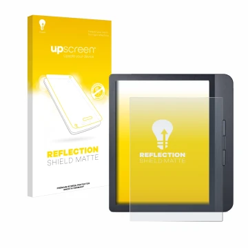 Parte frontale di una confezione del prodotto con il logo del marchio upscreen. Accanto è raffigurato il dispositivo Kobo Libr