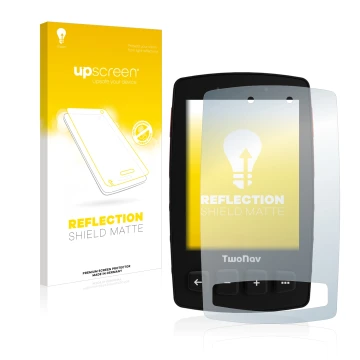 Parte frontale di una confezione del prodotto con il logo del marchio upscreen. Accanto è raffigurato il dispositivo TwoNav Tr