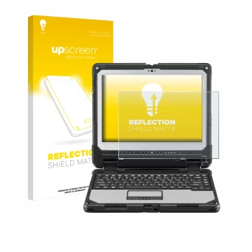 Parte frontale di una confezione del prodotto con il logo del marchio upscreen. Accanto è raffigurato il dispositivo Panasonic