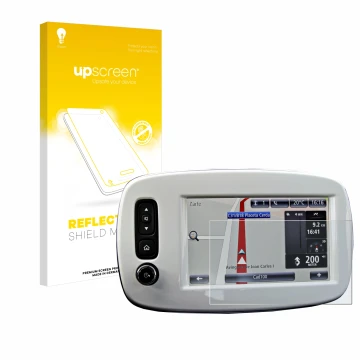 Parte frontale di una confezione del prodotto con il logo del marchio upscreen. Accanto è raffigurato il dispositivo TomTom Sm