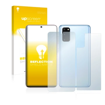 Parte frontale di una confezione del prodotto con il logo del marchio upscreen. Accanto è raffigurato il dispositivo Samsung G