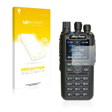 Parte frontale di una confezione del prodotto con il logo del marchio upscreen. Accanto è raffigurato il dispositivo AnyTone A