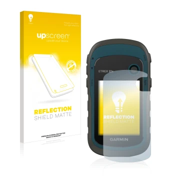 Parte frontale di una confezione del prodotto con il logo del marchio upscreen. Accanto è raffigurato il dispositivo Garmin eT