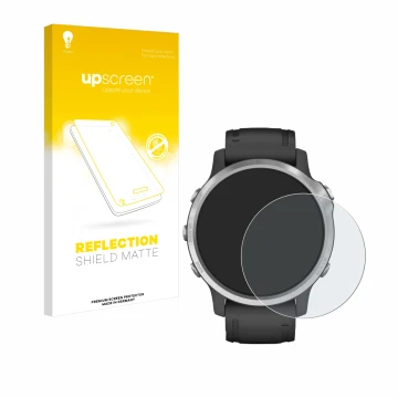 Parte frontale di una confezione del prodotto con il logo del marchio upscreen. Accanto è raffigurato il dispositivo Garmin Fe