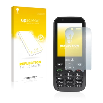 Parte frontale di una confezione del prodotto con il logo del marchio upscreen. Accanto è raffigurato il dispositivo Doro 7010