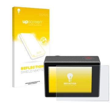 Parte frontale di una confezione del prodotto con il logo del marchio upscreen. Accanto è raffigurato il dispositivo Akaso V50