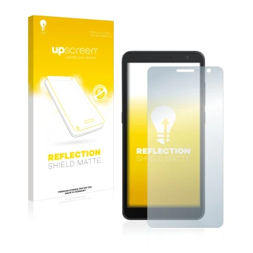 Parte frontale di una confezione del prodotto con il logo del marchio upscreen. Accanto è raffigurato il dispositivo Alcatel 1