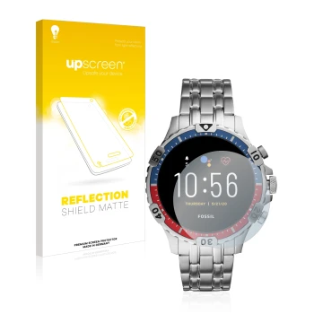 Parte frontale di una confezione del prodotto con il logo del marchio upscreen. Accanto è raffigurato il dispositivo Fossil Ga