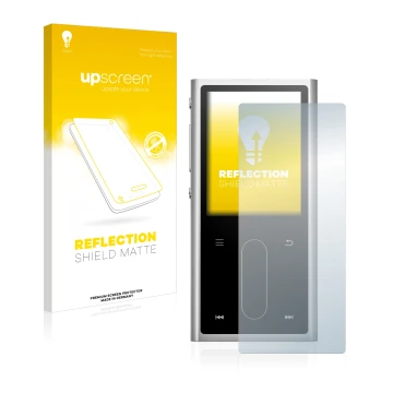 Parte frontale di una confezione del prodotto con il logo del marchio upscreen. Accanto è raffigurato il dispositivo FiiO M3K 