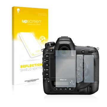 Parte frontale di una confezione del prodotto con il logo del marchio upscreen. Accanto è raffigurato il dispositivo Nikon D6 