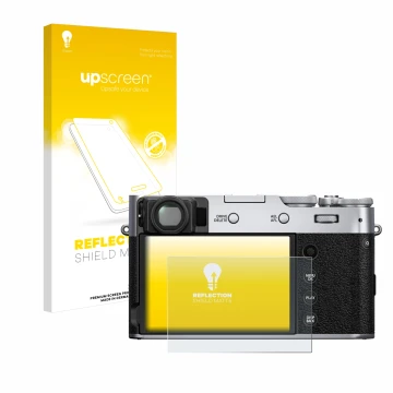 Parte frontale di una confezione del prodotto con il logo del marchio upscreen. Accanto è raffigurato il dispositivo Fujifilm 