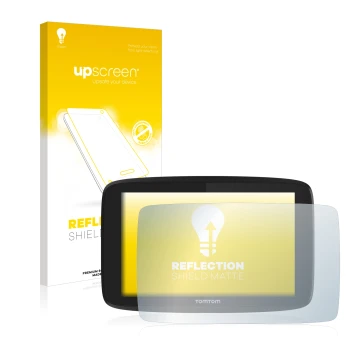 Parte frontale di una confezione del prodotto con il logo del marchio upscreen. Accanto è raffigurato il dispositivo TomTom Go