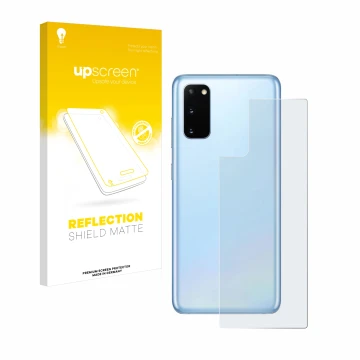 Parte frontale di una confezione del prodotto con il logo del marchio upscreen. Accanto è raffigurato il dispositivo Samsung G
