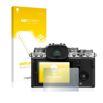 Parte frontale di una confezione del prodotto con il logo del marchio upscreen. Accanto è raffigurato il dispositivo Fujifilm 