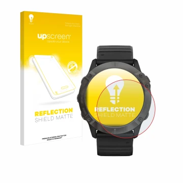 Parte frontale di una confezione del prodotto con il logo del marchio upscreen. Accanto è raffigurato il dispositivo Garmin Fe