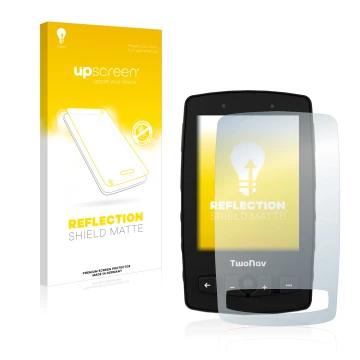 Parte frontale di una confezione del prodotto con il logo del marchio upscreen. Accanto è raffigurato il dispositivo TwoNav Av