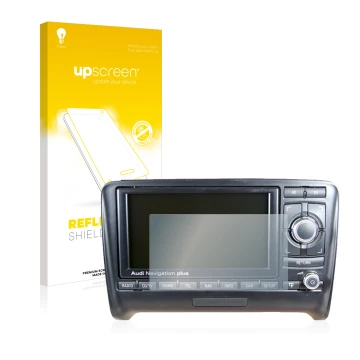 Parte frontale di una confezione del prodotto con il logo del marchio upscreen. Accanto è raffigurato il dispositivo Audi A3 8