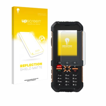 Parte frontale di una confezione del prodotto con il logo del marchio upscreen. Accanto è raffigurato il dispositivo RugGear R