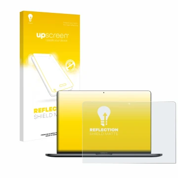 Parte frontale di una confezione del prodotto con il logo del marchio upscreen. Accanto è raffigurato il dispositivo Apple Mac