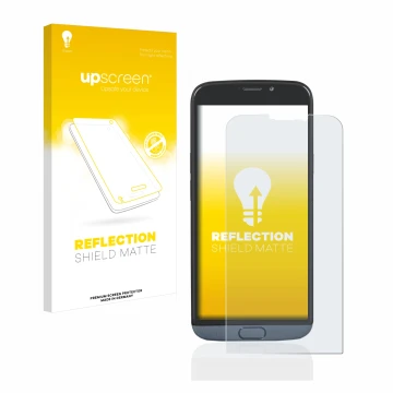 Parte frontale di una confezione del prodotto con il logo del marchio upscreen. Accanto è raffigurato il dispositivo Doro 8050