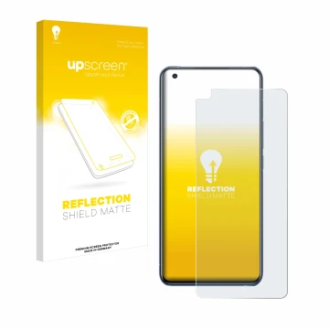 Parte frontale di una confezione del prodotto con il logo del marchio upscreen. Accanto è raffigurato il dispositivo Vivo X50 