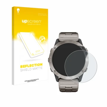 Parte frontale di una confezione del prodotto con il logo del marchio upscreen. Accanto è raffigurato il dispositivo Garmin qu