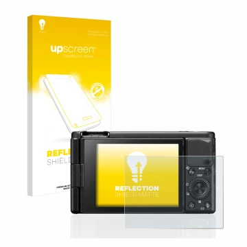Parte frontale di una confezione del prodotto con il logo del marchio upscreen. Accanto è raffigurato il dispositivo Sony ZV-1