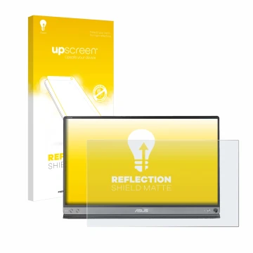 Parte frontale di una confezione del prodotto con il logo del marchio upscreen. Accanto è raffigurato il dispositivo ASUS ZenS