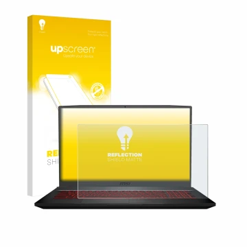 Parte frontale di una confezione del prodotto con il logo del marchio upscreen. Accanto è raffigurato il dispositivo MSI GF75 