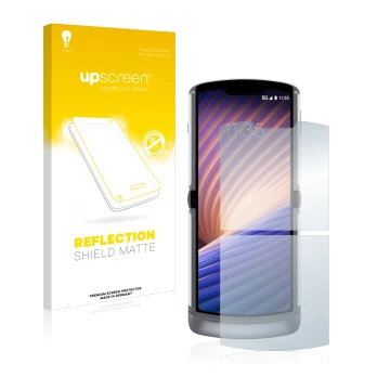 Parte frontale di una confezione del prodotto con il logo del marchio upscreen. Accanto è raffigurato il dispositivo Motorola 