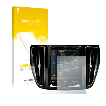 Parte frontale di una confezione del prodotto con il logo del marchio upscreen. Accanto è raffigurato il dispositivo Volvo S60