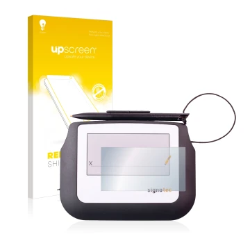 Parte frontale di una confezione del prodotto con il logo del marchio upscreen. Accanto è raffigurato il dispositivo Signotec 