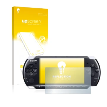Parte frontale di una confezione del prodotto con il logo del marchio upscreen. Accanto è raffigurato il dispositivo Sony PSP 