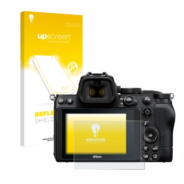 Parte frontale di una confezione del prodotto con il logo del marchio upscreen. Accanto è raffigurato il dispositivo Nikon Z 5