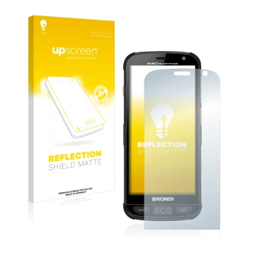 Parte frontale di una confezione del prodotto con il logo del marchio upscreen. Accanto è raffigurato il dispositivo Brondi Am