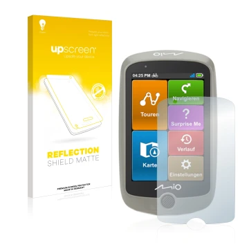 Parte frontale di una confezione del prodotto con il logo del marchio upscreen. Accanto è raffigurato il dispositivo Mitac Mio