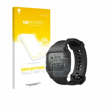 Parte frontale di una confezione del prodotto con il logo del marchio upscreen. Accanto è raffigurato il dispositivo Huami Ama