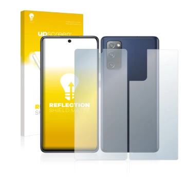 Parte frontale di una confezione del prodotto con il logo del marchio upscreen. Accanto è raffigurato il dispositivo Samsung G