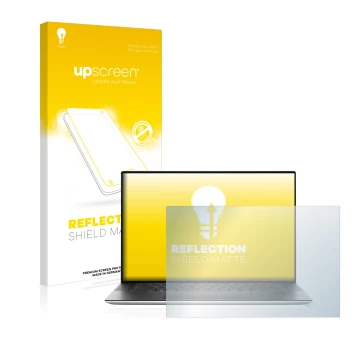 Parte frontale di una confezione del prodotto con il logo del marchio upscreen. Accanto è raffigurato il dispositivo Dell XPS 