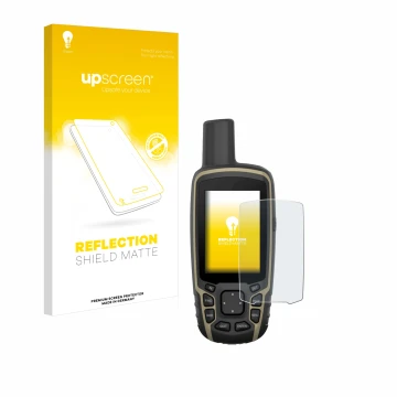 Parte frontale di una confezione del prodotto con il logo del marchio upscreen. Accanto è raffigurato il dispositivo Garmin GP