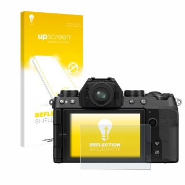 Parte frontale di una confezione del prodotto con il logo del marchio upscreen. Accanto è raffigurato il dispositivo Fujifilm 