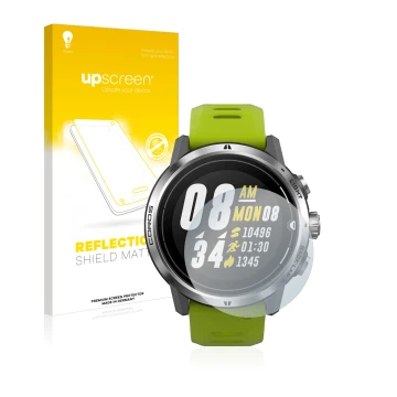 Parte frontale di una confezione del prodotto con il logo del marchio upscreen. Accanto è raffigurato il dispositivo Coros Ape