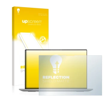 Parte frontale di una confezione del prodotto con il logo del marchio upscreen. Accanto è raffigurato il dispositivo Dell XPS 