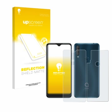 Parte frontale di una confezione del prodotto con il logo del marchio upscreen. Accanto è raffigurato il dispositivo Alcatel 1