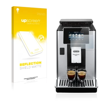 Parte frontale di una confezione del prodotto con il logo del marchio upscreen. Accanto è raffigurato il dispositivo DeLonghi 